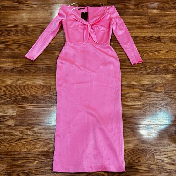 ALEX PERRY Peyton Pink bodycon off-the-shoulder satin-crepe midi dress 10 - Picture 11 of 16